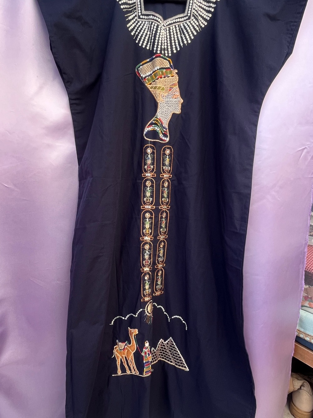 Embroidered Black Caftan  Dress with Egyptian Motif